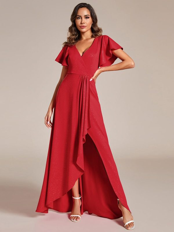 Glamorous V-Neck A-Line Evening Gown with Side Split and Ruffle Sleeves - Image 18