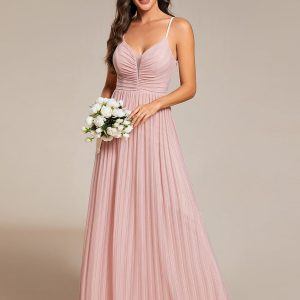 Shiny V Neck Formal Length Dress with Delicate Straps