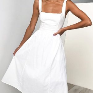 Simple Suspender Square Neck Backless Dress