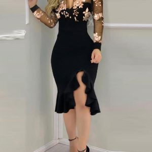 Slit Ruffles Hem Floral Pattern Bodycon Dress