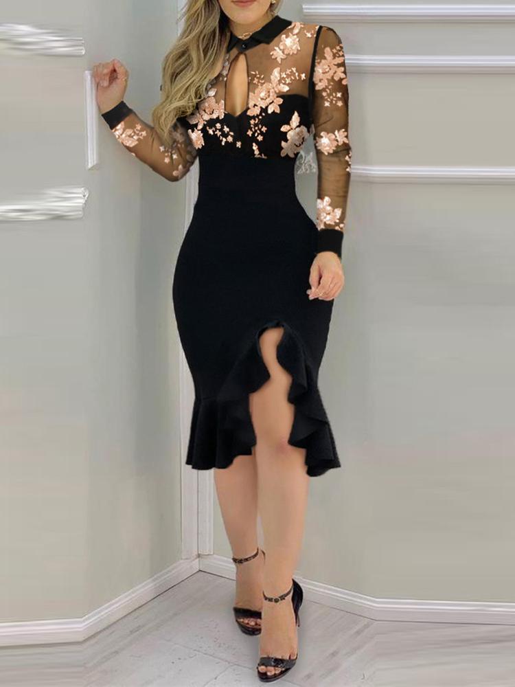 Slit Ruffles Hem Floral Pattern Bodycon Dress