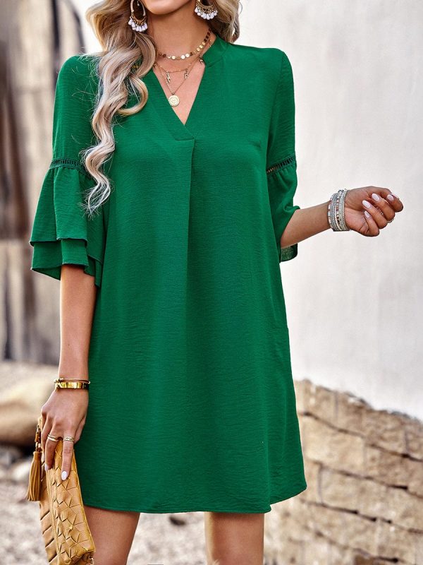 Solid Color Loose Fashion V Neck Mini Dress - Image 4