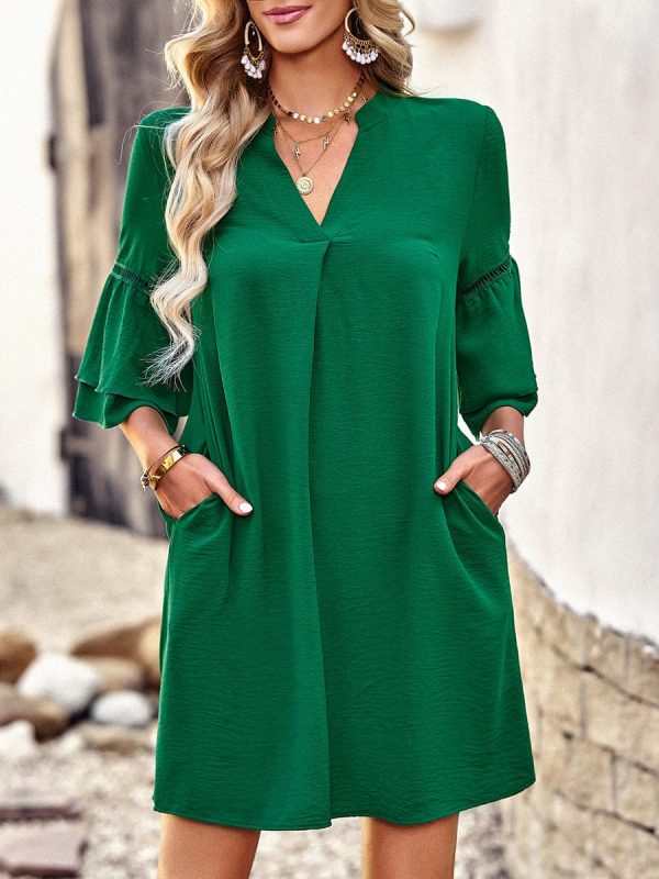 Solid Color Loose Fashion V Neck Mini Dress - Image 7