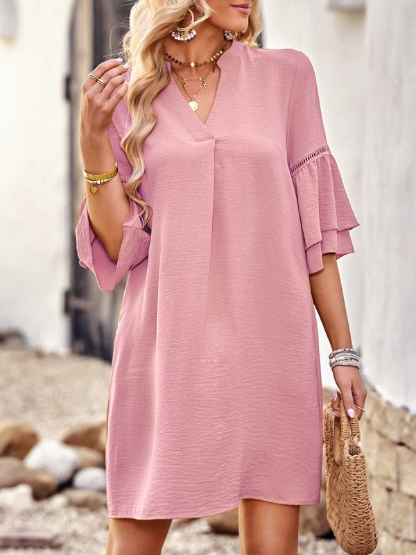 Solid Color Loose Fashion V Neck Mini Dress - Image 10
