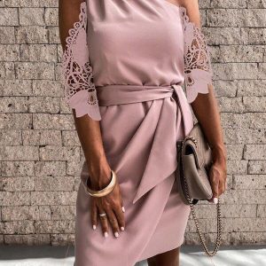 Solid Color Slanted Shoulder Lace Sleeve Midi Dress