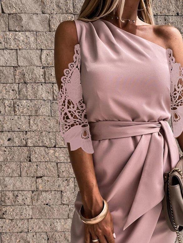 Solid Color Slanted Shoulder Lace Sleeve Midi Dress - Image 2