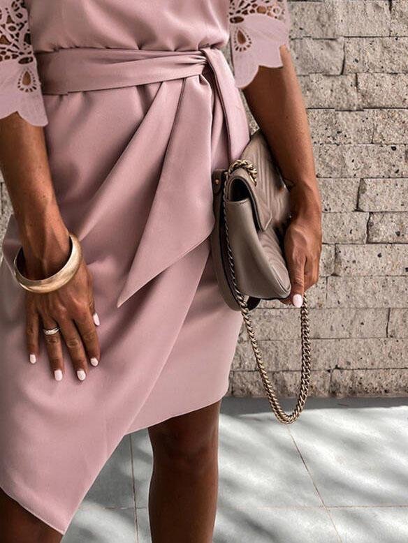 Solid Color Slanted Shoulder Lace Sleeve Midi Dress - Image 3