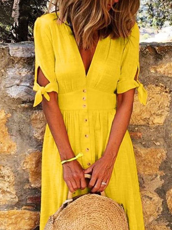 Solid Color V Neck Tie Half Sleeve Casual Dress - Image 47