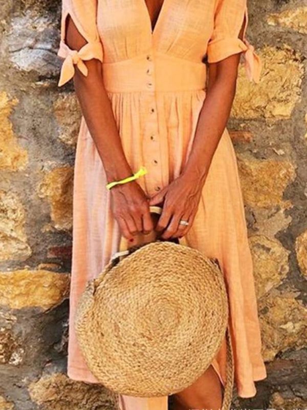 Solid Color V Neck Tie Half Sleeve Casual Dress - Image 51
