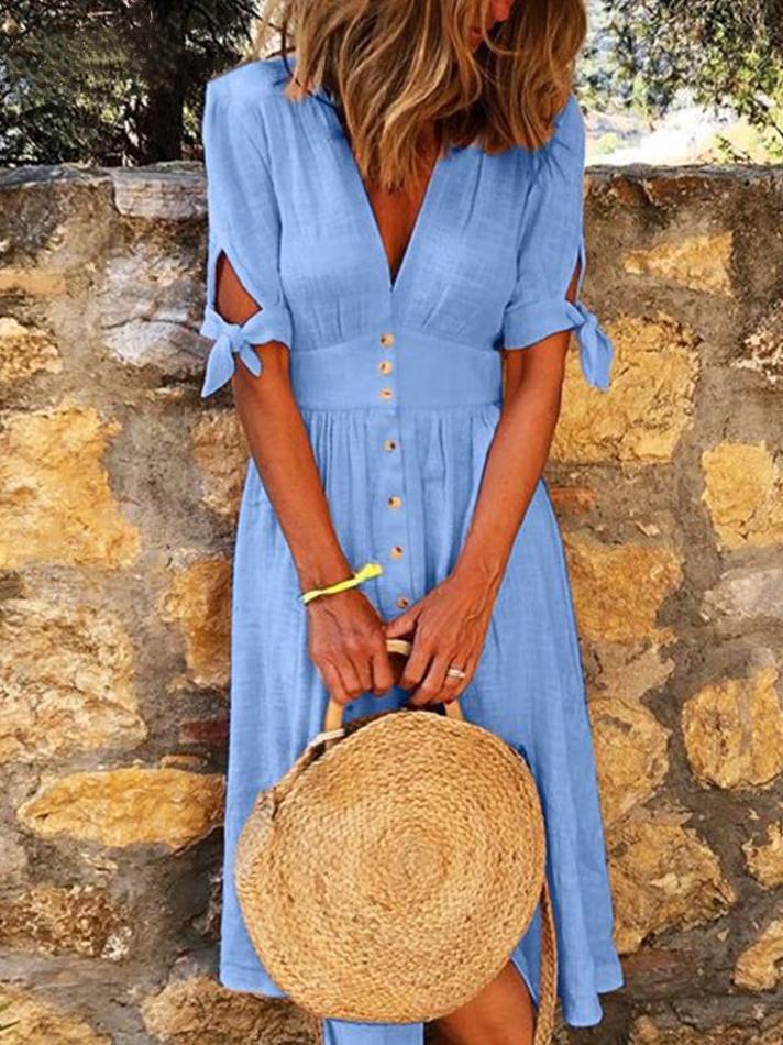 Solid Color V Neck Tie Half Sleeve Casual Dress - Image 52