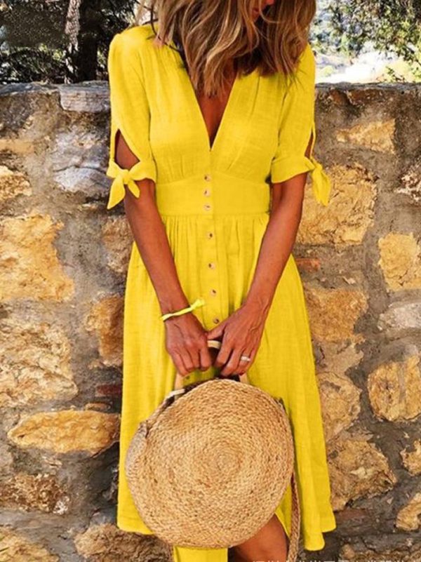 Solid Color V Neck Tie Half Sleeve Casual Dress - Image 46