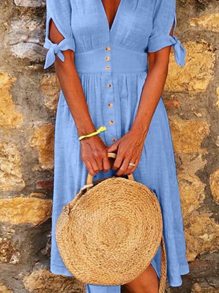 Solid Color V Neck Tie Half Sleeve Casual Dress - Image 54