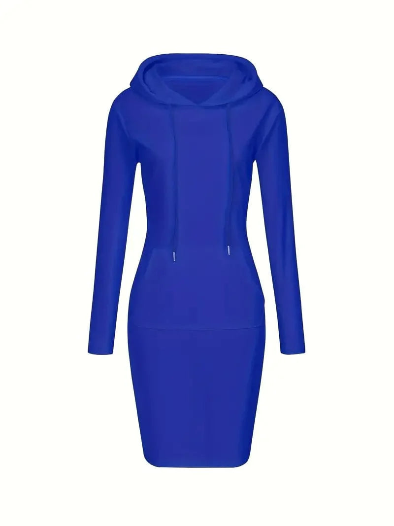 Solid Drawstring Long Sleeve Pocket Hooded Active Sports Mini Dress - Image 5
