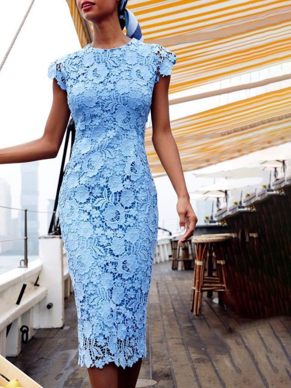 Solid Round Neck Sleeveless Pencil Midi Dresses - Image 4