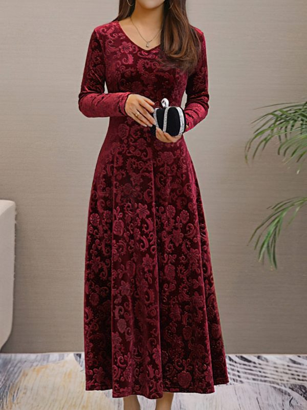 Solid Stylish V-Neck Flared Long Sleeve Maxi Dress - Image 17
