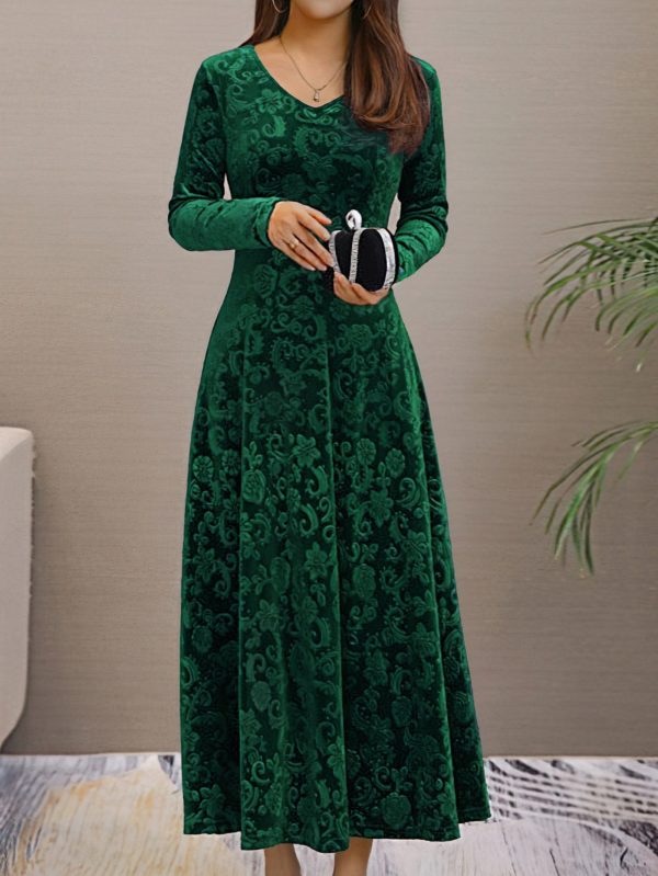 Solid Stylish V-Neck Flared Long Sleeve Maxi Dress - Image 6