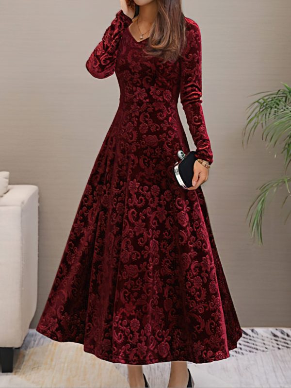 Solid Stylish V-Neck Flared Long Sleeve Maxi Dress - Image 12