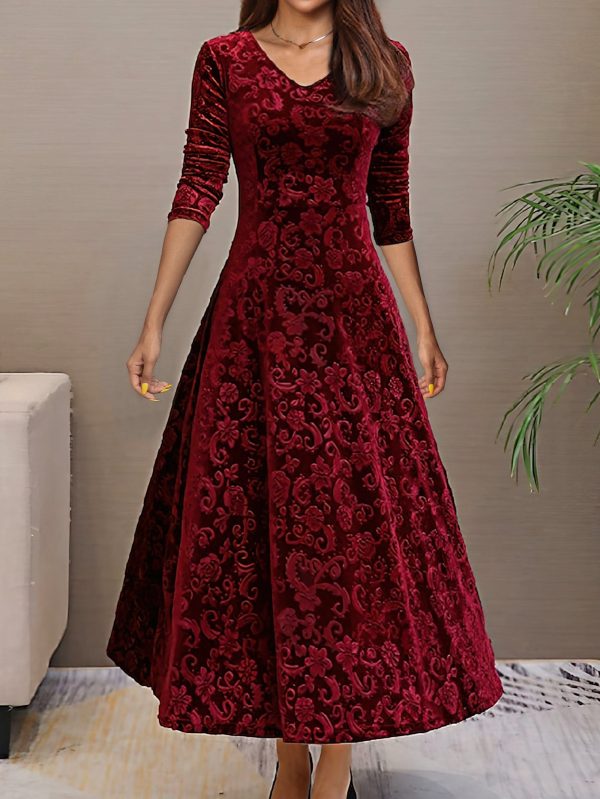 Solid Stylish V-Neck Flared Long Sleeve Maxi Dress - Image 3