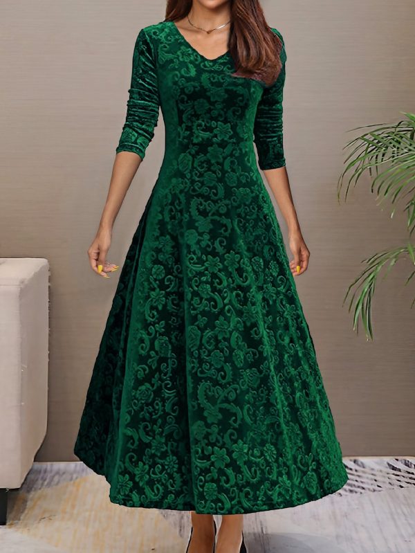 Solid Stylish V-Neck Flared Long Sleeve Maxi Dress - Image 4