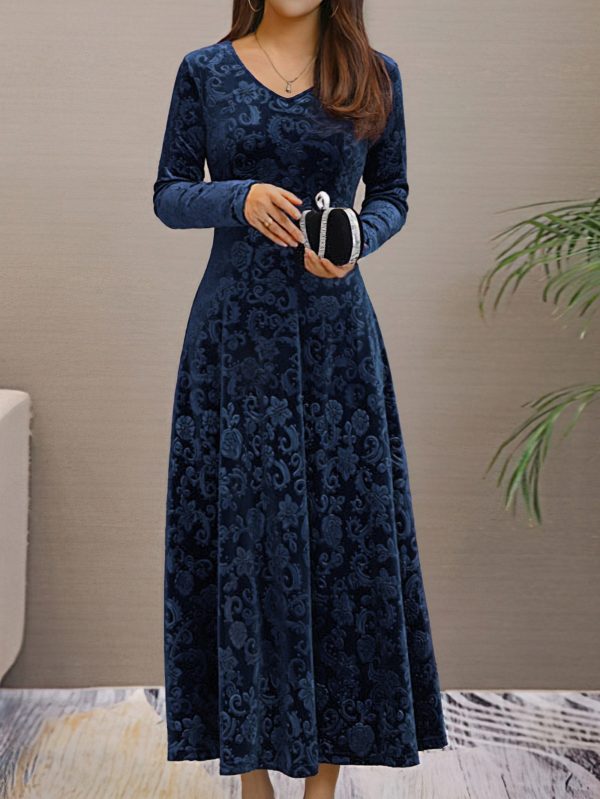 Solid Stylish V-Neck Flared Long Sleeve Maxi Dress - Image 13