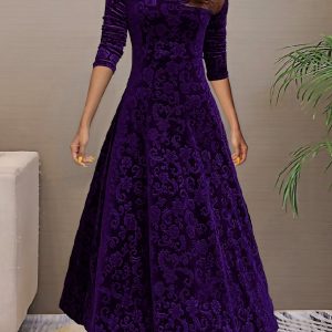 Solid Stylish V-Neck Flared Long Sleeve Maxi Dress