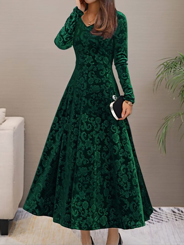 Solid Stylish V-Neck Flared Long Sleeve Maxi Dress - Image 5