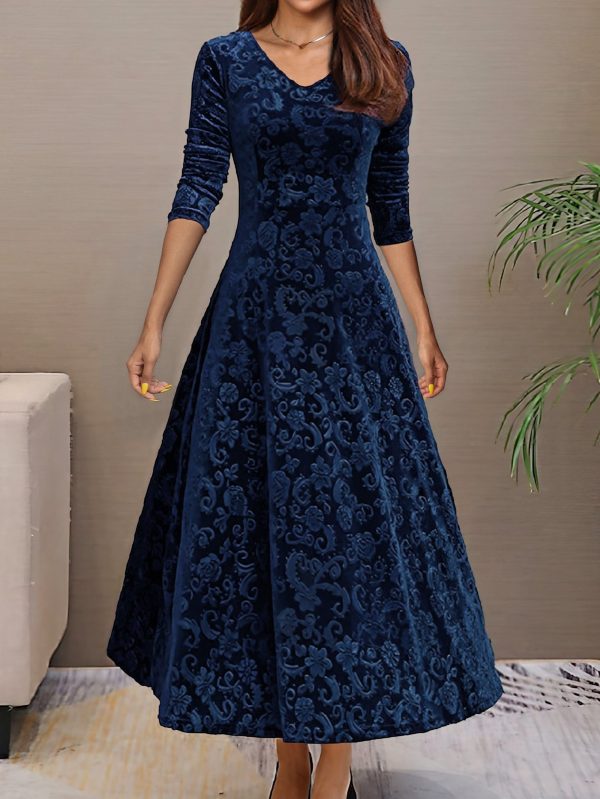 Solid Stylish V-Neck Flared Long Sleeve Maxi Dress - Image 2
