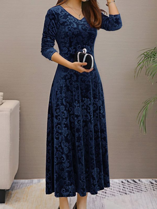 Solid Stylish V-Neck Flared Long Sleeve Maxi Dress - Image 11