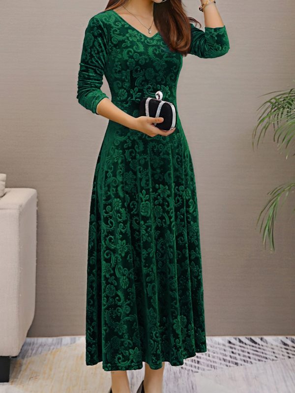 Solid Stylish V-Neck Flared Long Sleeve Maxi Dress - Image 8