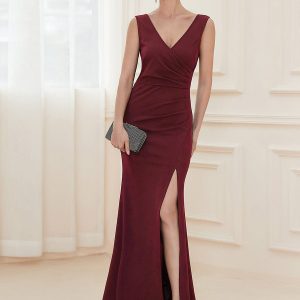 Sophisticated Deep V Neck Sleeveless Evening Gown with Pencil Split