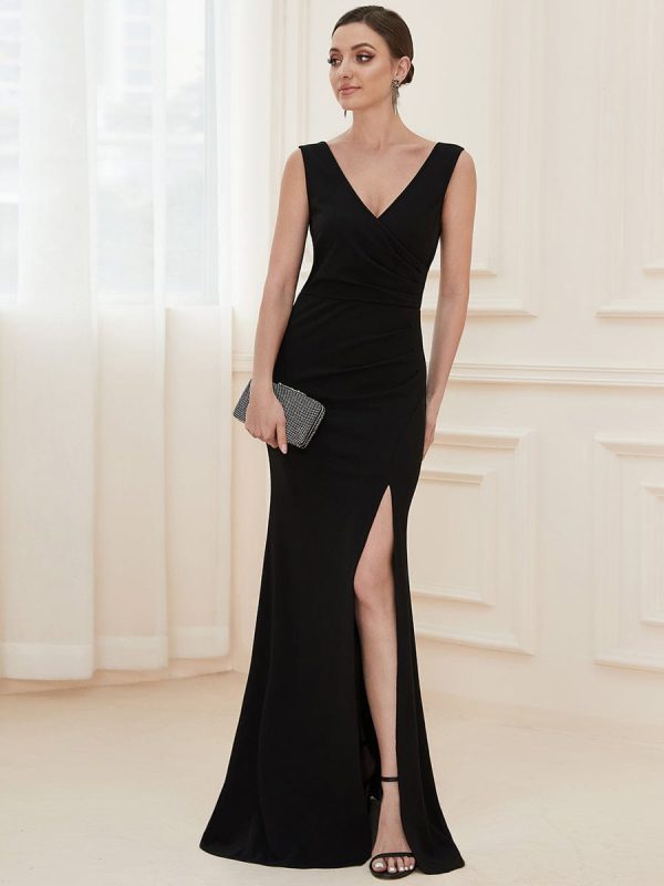 Sophisticated Deep V Neck Sleeveless Evening Gown with Pencil Split - Image 8
