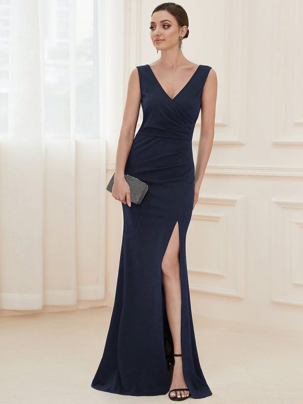 Sophisticated Deep V Neck Sleeveless Evening Gown with Pencil Split - Image 16