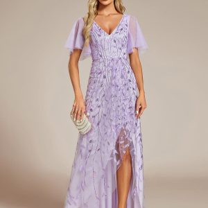 Sparkling Mesh High-Low V-Neck Midi Evening Gown With Short Sleeves