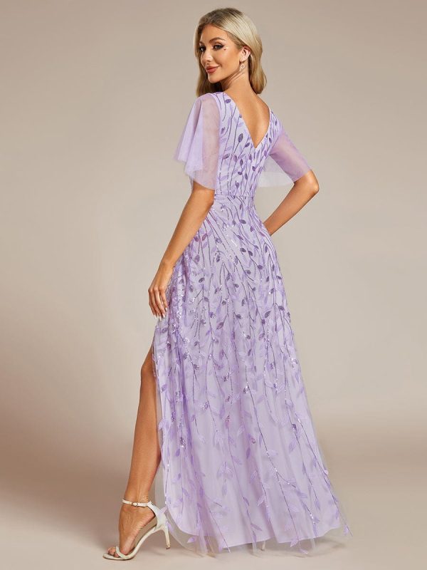Sparkling Mesh High-Low V-Neck Midi Evening Gown With Short Sleeves - Image 2