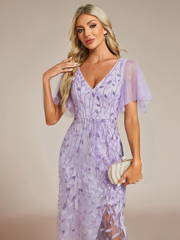 Sparkling Mesh High-Low V-Neck Midi Evening Gown With Short Sleeves - Image 3