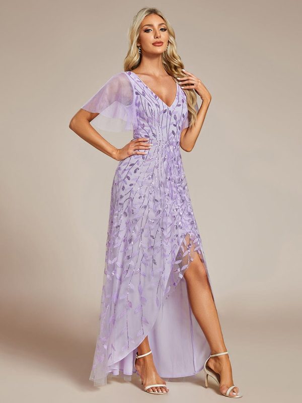 Sparkling Mesh High-Low V-Neck Midi Evening Gown With Short Sleeves - Image 5