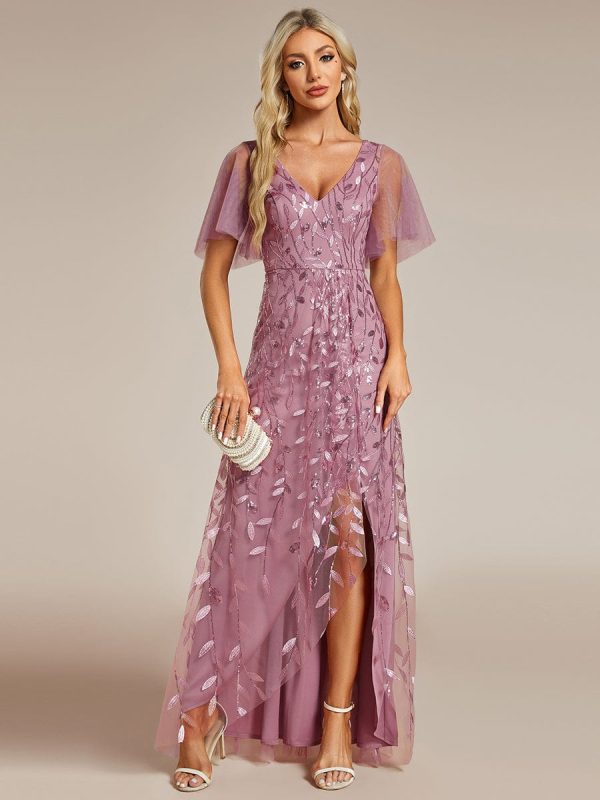Sparkling Mesh High-Low V-Neck Midi Evening Gown With Short Sleeves - Image 6
