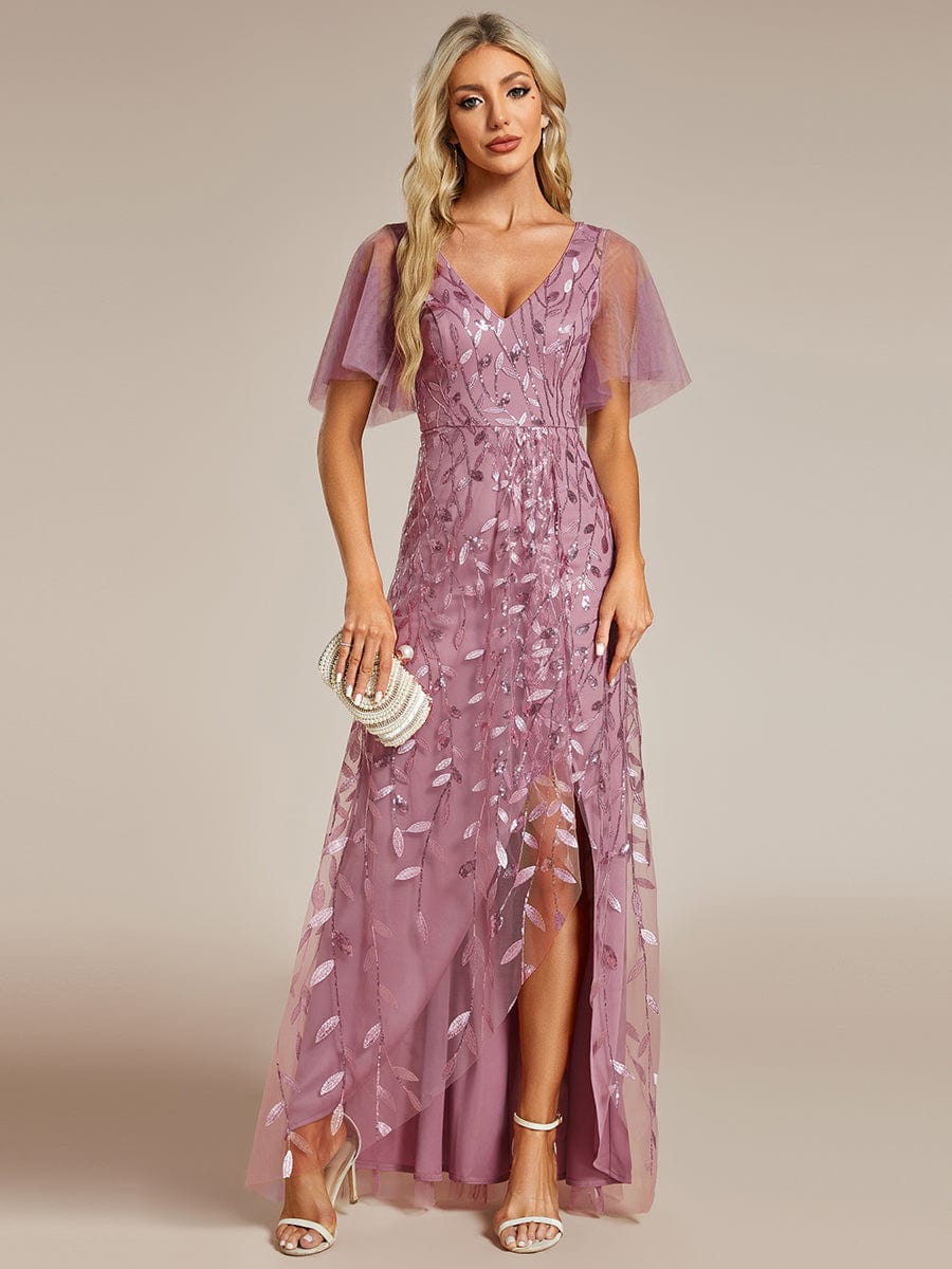 Sparkling Mesh High-Low V-Neck Midi Evening Gown With Short Sleeves - Image 6