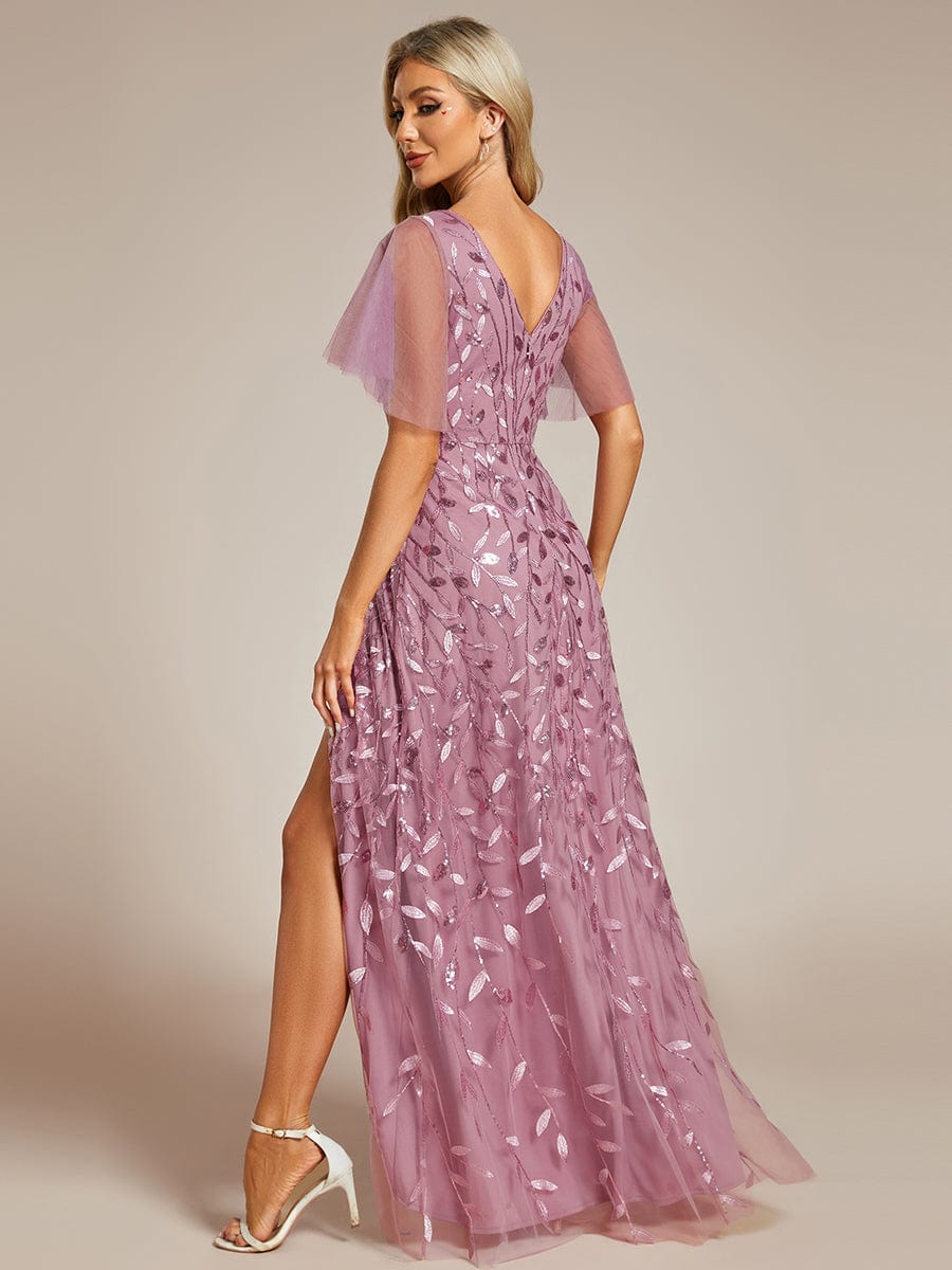 Sparkling Mesh High-Low V-Neck Midi Evening Gown With Short Sleeves - Image 7