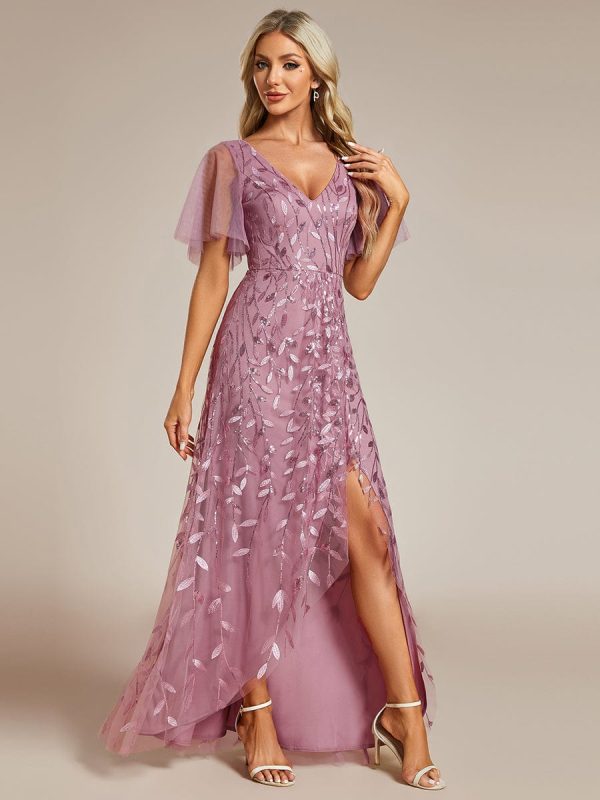Sparkling Mesh High-Low V-Neck Midi Evening Gown With Short Sleeves - Image 9