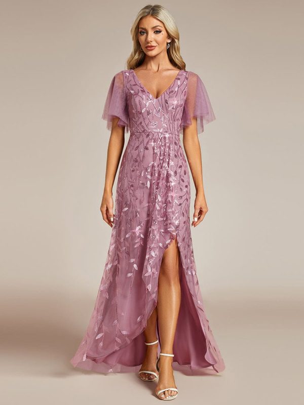 Sparkling Mesh High-Low V-Neck Midi Evening Gown With Short Sleeves - Image 10