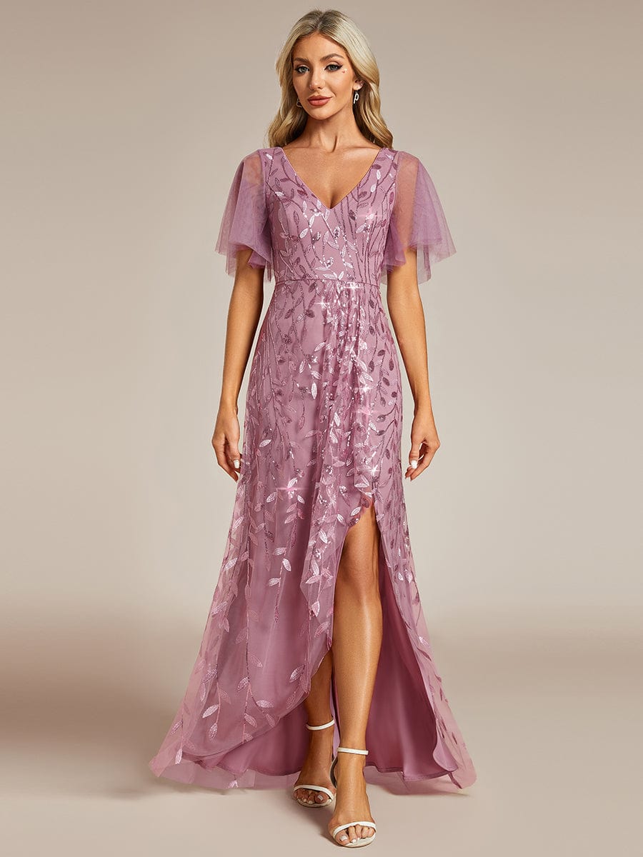 Sparkling Mesh High-Low V-Neck Midi Evening Gown With Short Sleeves - Image 10
