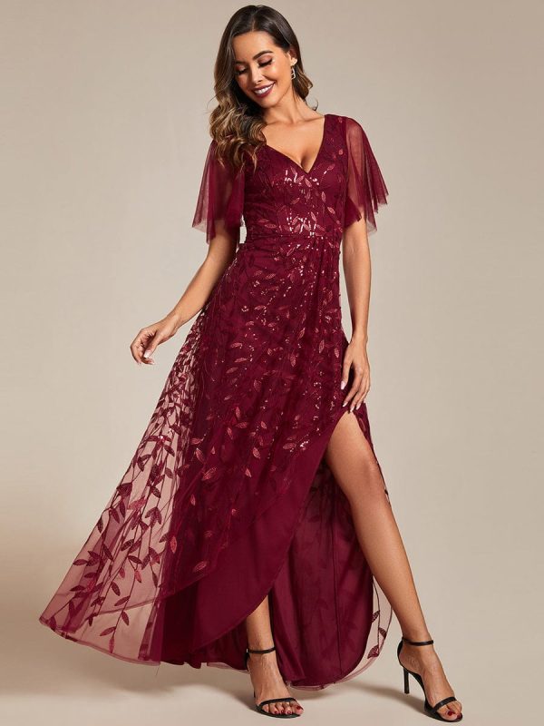 Sparkling Mesh High-Low V-Neck Midi Evening Gown With Short Sleeves - Image 11
