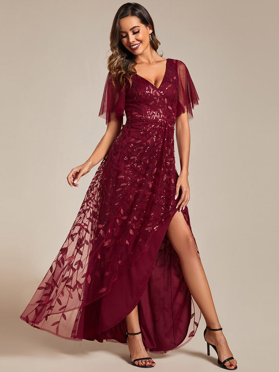Sparkling Mesh High-Low V-Neck Midi Evening Gown With Short Sleeves - Image 11