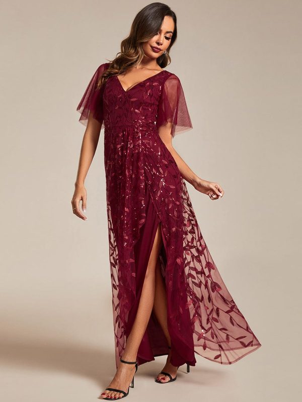 Sparkling Mesh High-Low V-Neck Midi Evening Gown With Short Sleeves - Image 12