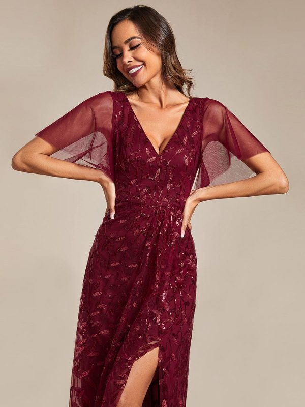 Sparkling Mesh High-Low V-Neck Midi Evening Gown With Short Sleeves - Image 14