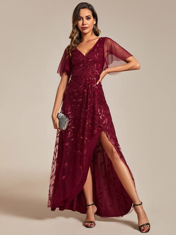 Sparkling Mesh High-Low V-Neck Midi Evening Gown With Short Sleeves - Image 15