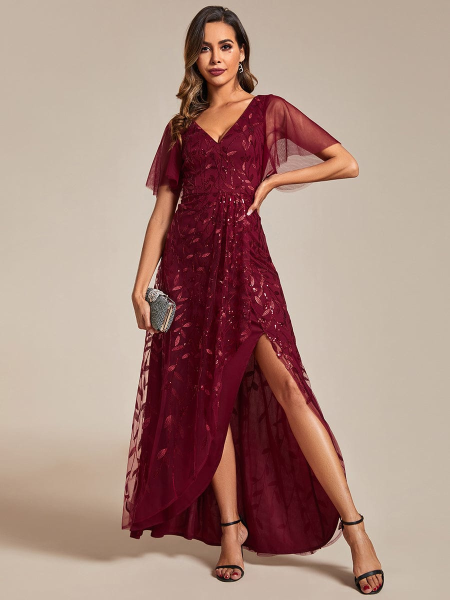 Sparkling Mesh High-Low V-Neck Midi Evening Gown With Short Sleeves - Image 15