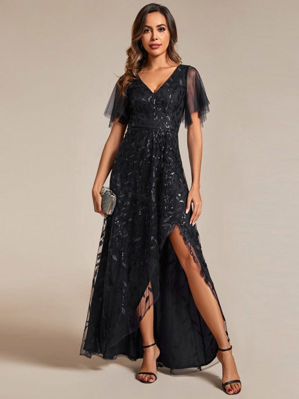 Sparkling Mesh High-Low V-Neck Midi Evening Gown With Short Sleeves - Image 19