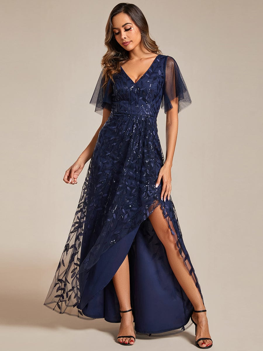 Sparkling Mesh High-Low V-Neck Midi Evening Gown With Short Sleeves - Image 21